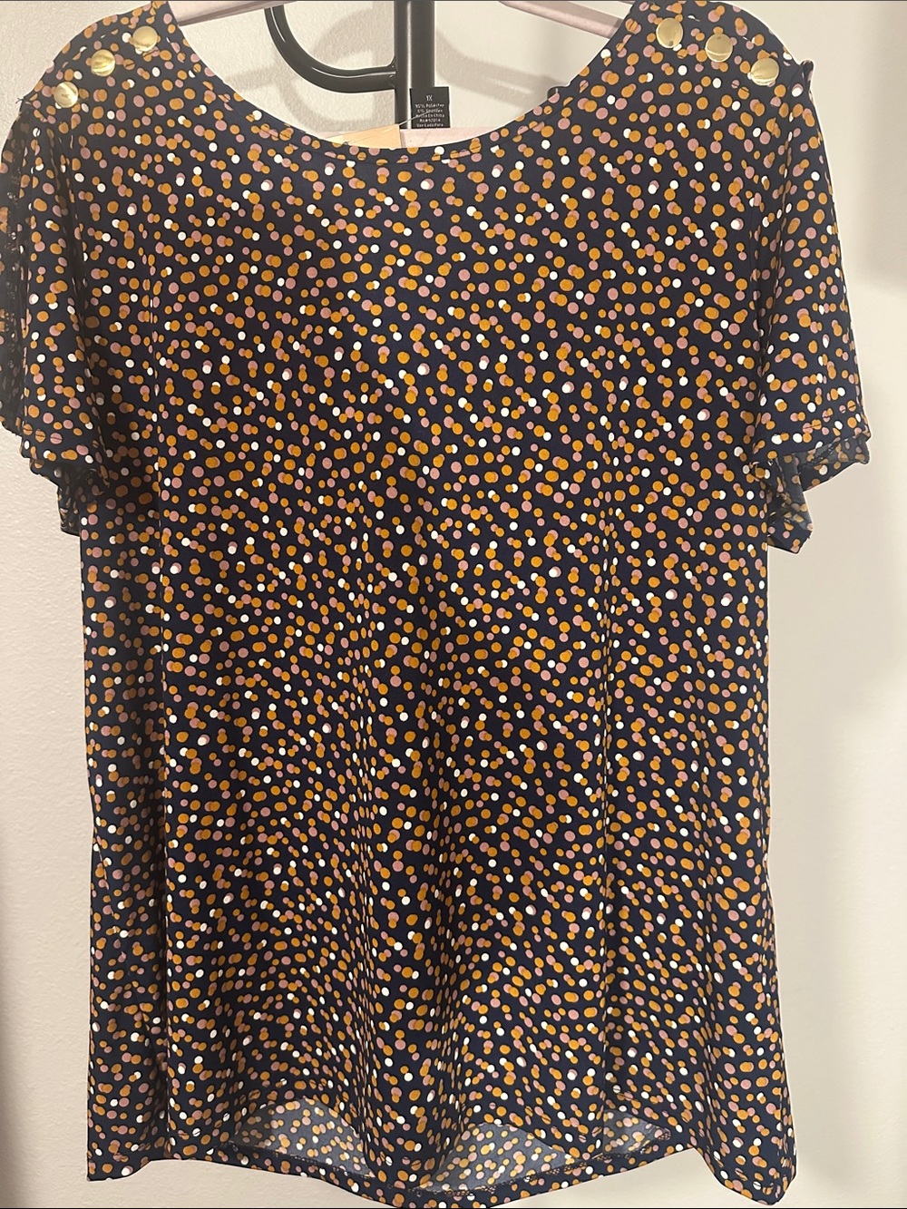 Short Sleeve Dot Print Tee in Navy Blue with Orange & Cream Dots